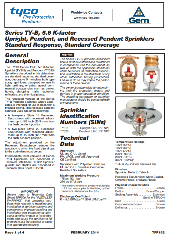 หัวสปริงเกอร์ดับเพลิง TYCO TY-B แบบ PENDENT (หัวฉีดลง)