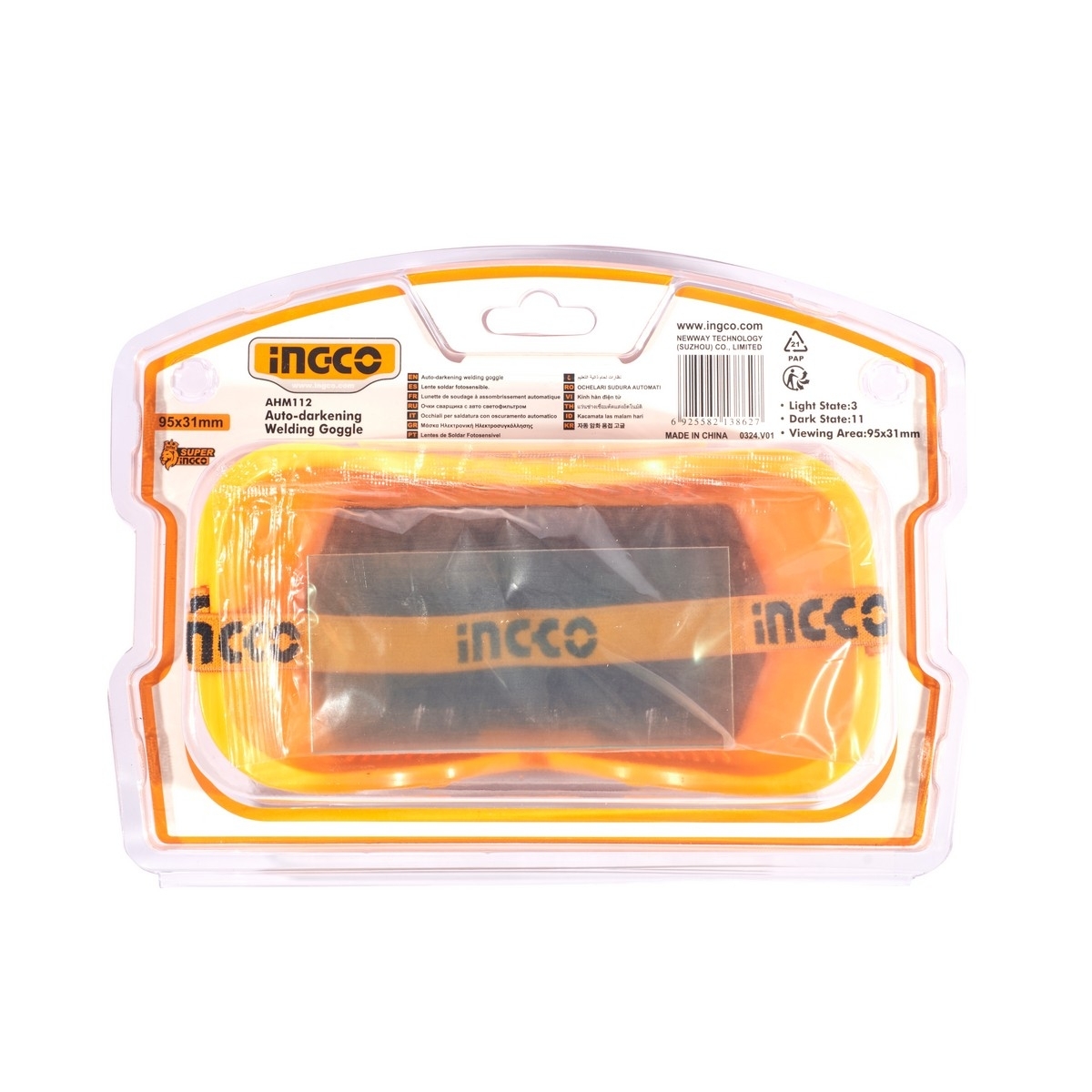 INGCO แว่นตาเชื่อมปรับแสงอัตโนมัติ รุ่น AHM112 พื้นที่มอง 95x31 มม, ป้องกัน UV/IR DlN 16 ความเร็วในการปรับแสง <0.5 มิลลิวินาที (อิงโก้)