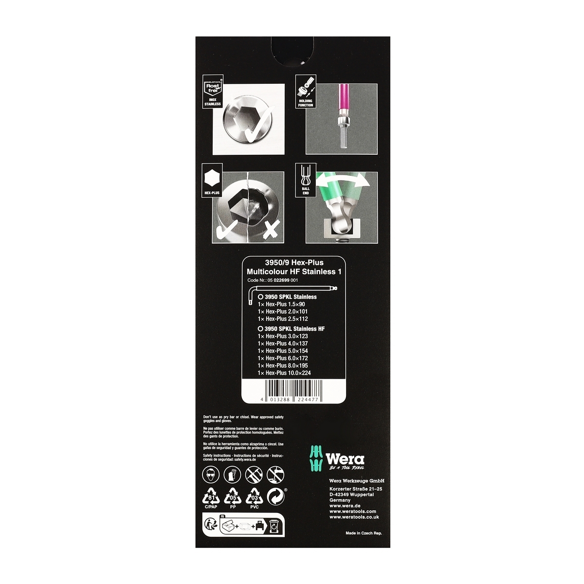 WERA ชุดประแจหกเหลี่ยม 3950/9 Hex-Plus Multicolour HF Stainless 1 รหัส 05022699001 (เวร่า)