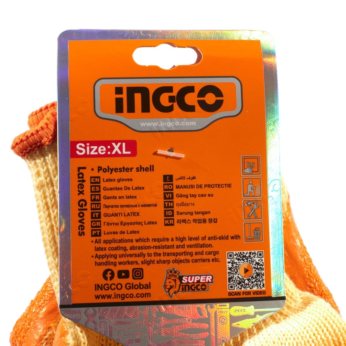 INGCO ถุงมือเซฟตี้ ไซส์ XL รุ่น HGVL05, ถุงมือเคลือบยาง Gauge 10 ใช้สำหรับยกของหนัก หรือจับของมีคมเล็กน้อย (อิงโก้)