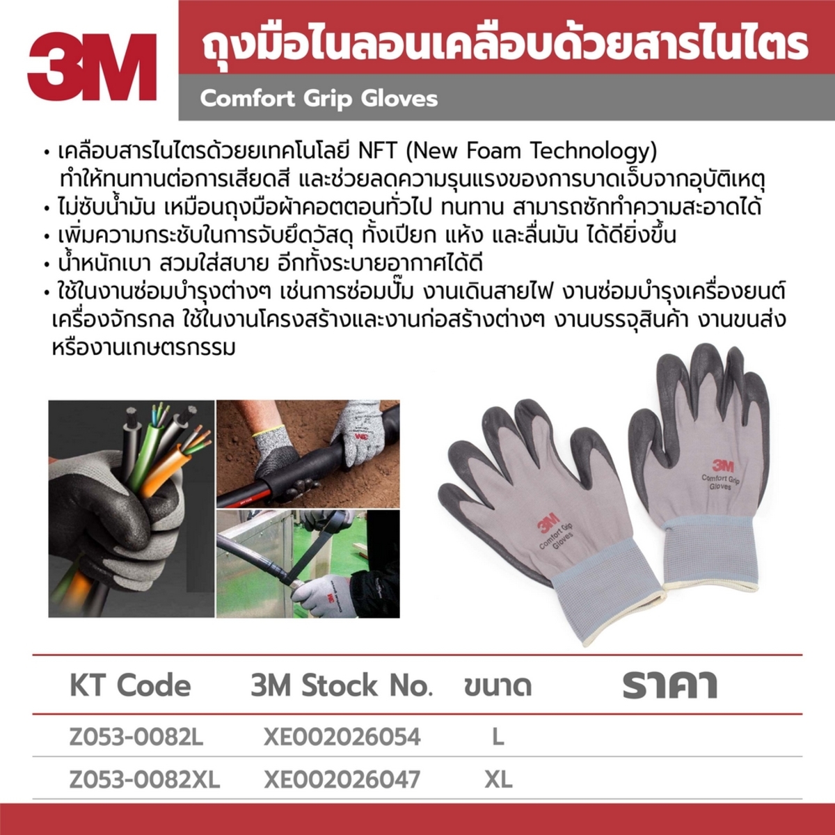 3M ถุงมือไนลอนอเนกประสงค์ ไซส์ L สีเทา ผลิตจากยาง Nitrile เคลือบด้วยโฟม Microporous ระบายอากาศได้ดี ทนทาน