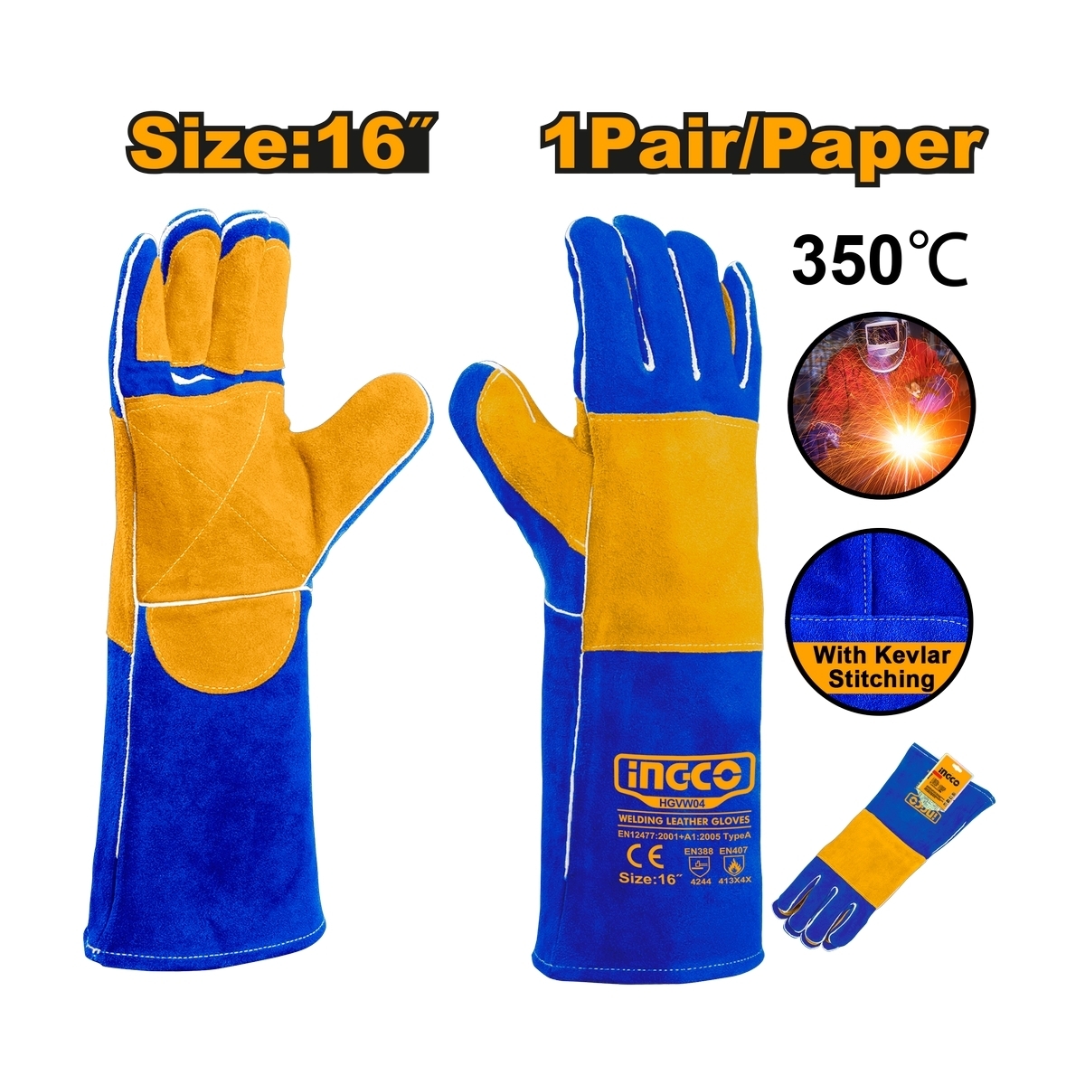 INGCO ถุงมือหนัง สำหรับงานเชื่อม รุ่น HGVW04 ขนาดความยาว 16 นิ้ว สามารถทนอุณหภูมิความร้อนได้ถึง 350 องศา (อิงโก้)