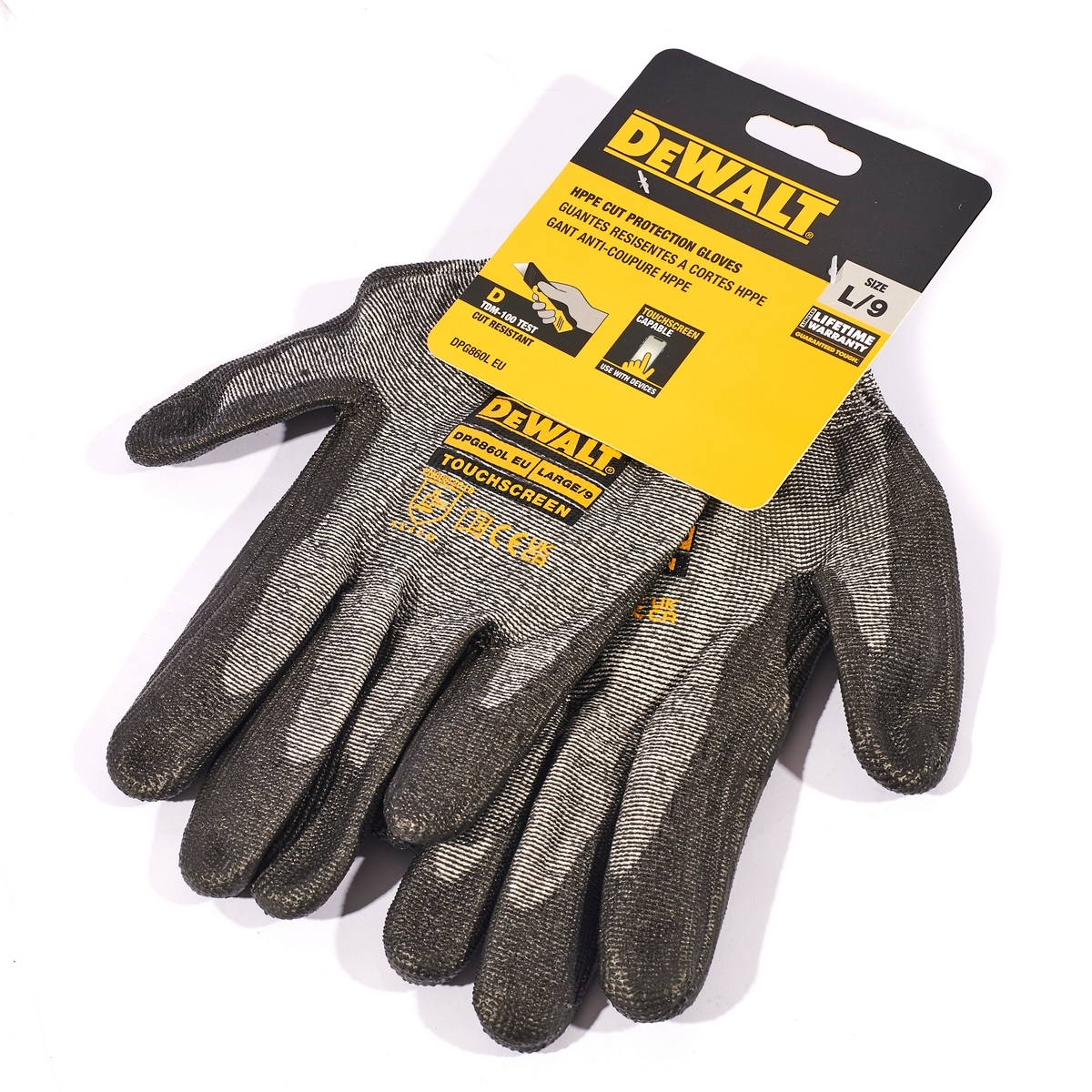 DEWALT ถุงมือกันบาด ถุงมือกันบาด ไซส์ L (Touch Screen) รุ่น DPG860L ไซส์ M DPG860M เคลือบยางแท้ 100% ผ้าถักไร้ตะเข็บเพื่อความกระชับสบาย (ดีวอลท์)